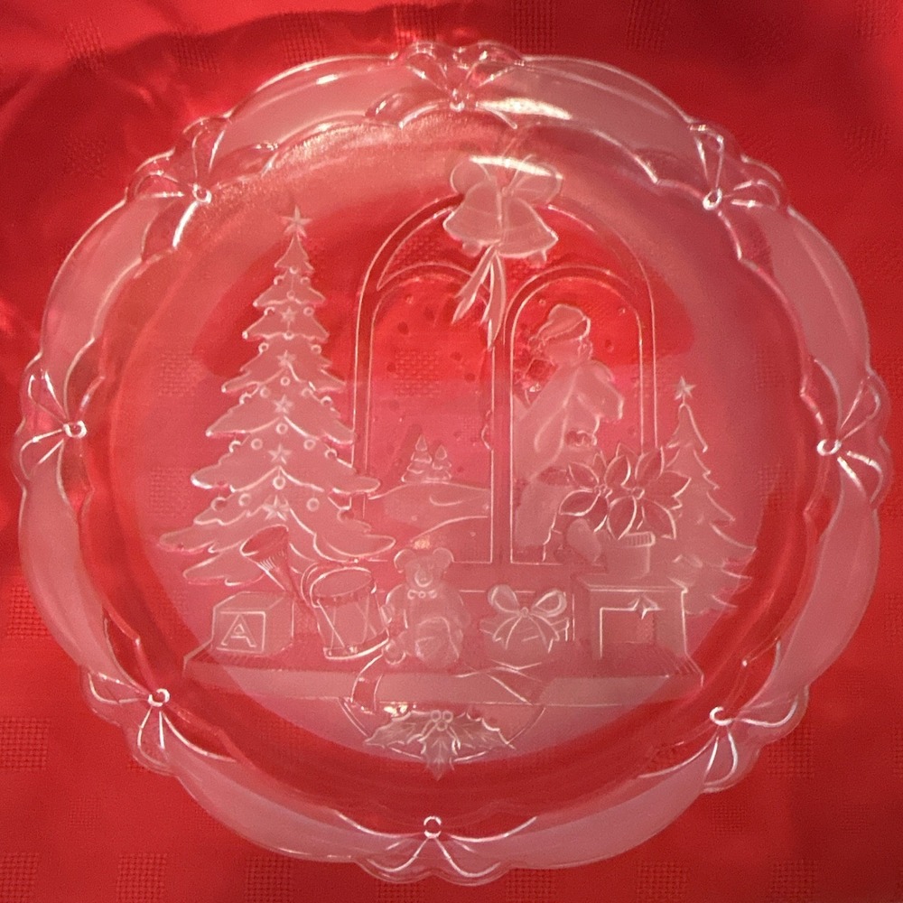 Crystal Clear Studios Frosted Serving Dish 14" Holiday Joy Christmas Vntg 1992
